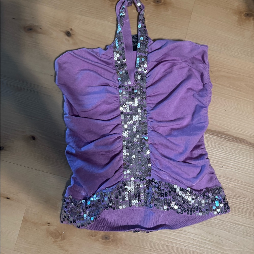 VENUS Purple Sequin Halter Ruched Camisole